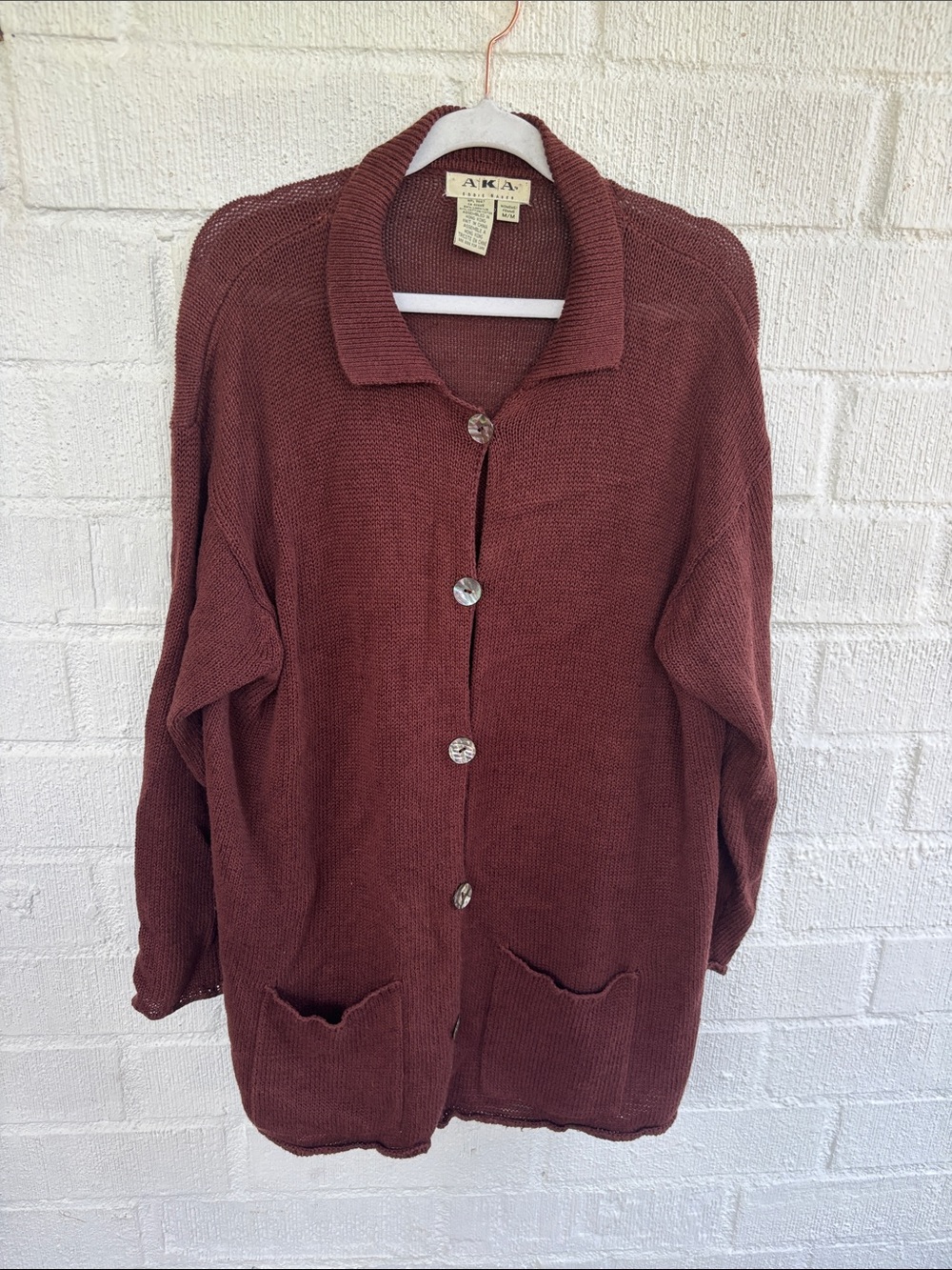 Vintage Eddie Bauer Linen Brown Pearl Button Front Knit Cardigan sz M